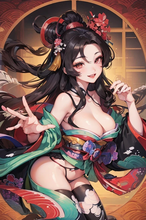 A beautiful woman smiles and shows her upper white teeth、Vividly colored Japanese Ukiyo-e style illustrations、SeaArt creates stunning illustrations of beautiful women in kimono、Brown-black long hair、Beautiful full body style、Beautiful digital illustrations,、Beautiful digital painting, Bright and vivid anime CG art, Detailed digital anime art,  Beautiful anime portraits