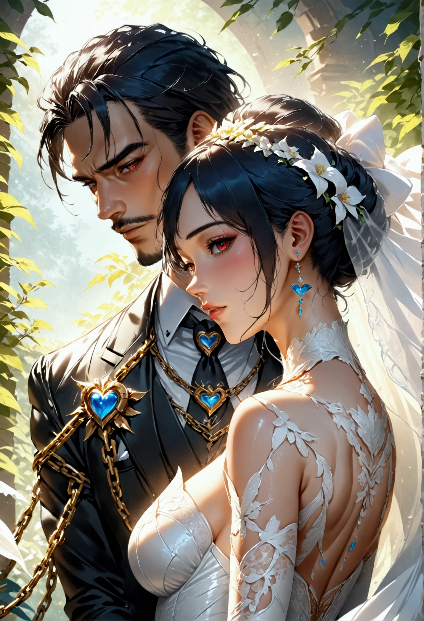 oil painting anime comic art, Julie Bell art of a groom held by ((radiant chains: 1.2)), in his wedding day and his bride, a handsome groom, wearing suit and tie, BREAK AND a beautiful, sexy bride, busty bride, wearing white leather wedding dress, the chain holds the groom, with chains, the chain forms the shape of red glowing heart, cinematic light, High Detail, Ultra High Quality, High Resolution, 16K Resolution, Ultra HD Pictures, Ultra Realistic, Clear Details, Realistic Detail, Ultra High Definition, rpg portrait, art by mooncryptowow