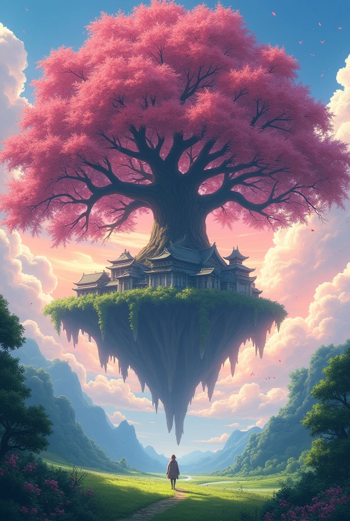a breathtaking Ghibli-inspired digital painting on a large canvas, transporting viewers to an enchanted realm, with intricate, a dreamy oriental landscape, a huge ancient tree covered with pink maples, whose petals bloom into the clouds, the tree grows on a suspended island. the roots and lower part of the trunk are ancient buildings with complex and exquisite structure,, set against a radian sky, just dipped below the horizon, casting an ethereal glow on the lush, emerald-green meadow, teeming with life, where fireflies dance and tiny,  iridescent creatures flit about, bathed in the soft, warm light of a magical world, rendered in ultra-high resolution, with precision and mastery, in anime style