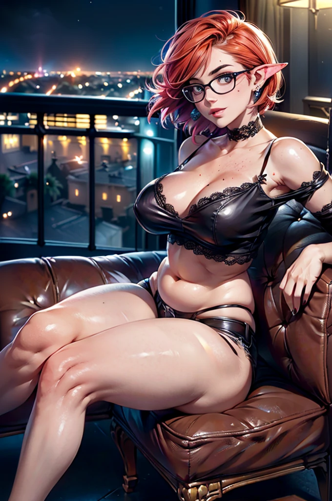 (large breasts 1.4), beautiful elf woman, ((Short Red Hair: 1.6, straight with shine)), bright blue eyes, bright eyes, double eyelids, light effect on eyes, detailed irises, sexy, curvy body, glasses,(( off the shoulder black crop top no logo or words: 1.6, choker, black lace panties, black high heels, legs exposed,)) ((lace panties, edgy sexy, Beautiful and cool,), ((work of art, hyper-realistic, hyper detailed, Best quality, 16k, light and shadow on skin, vivid colors), eyeliner, Thin eyebrows, Sensual expression, perfect lips, sexy mature face, ((skin with light and shadow) flirting seductively with the viewer, lots of freckles, full lips, extreme blush, smile, ((laying on back on a leather couch near balcony overlooking the city at night)), rays of light, masterpiece, ((biting lower lip)) ((View from side)),