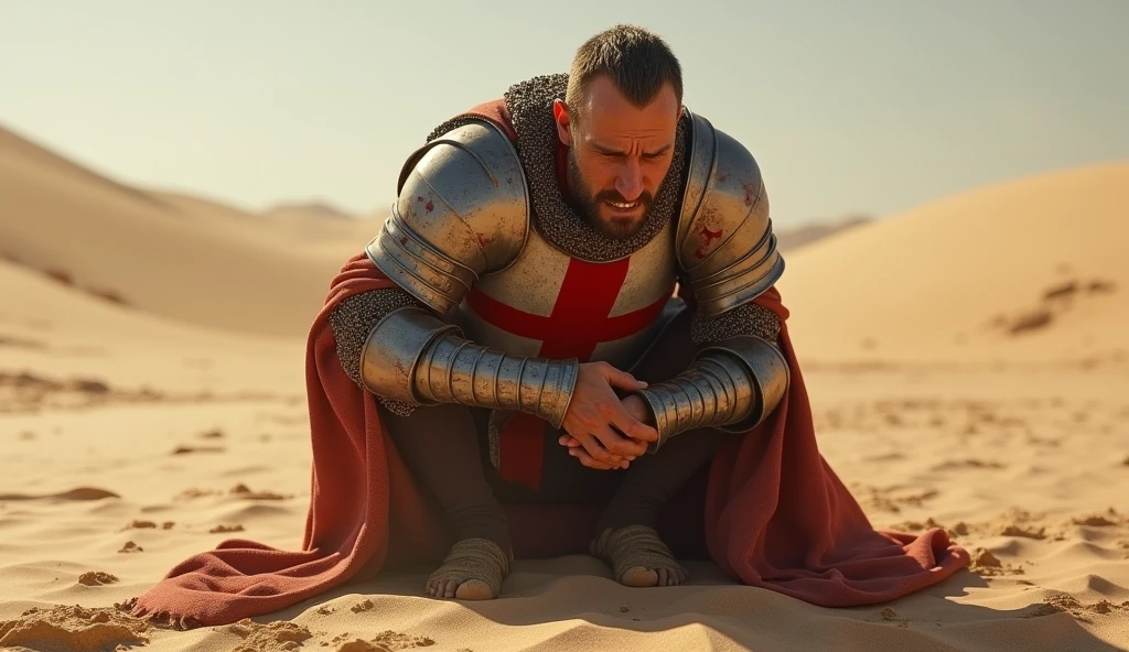 A highly realistic, high-contrast, 8K HD, detailed, hyper-detailed image of a Crusader knight, clad in steel armor with a red cross on his tunic, who has been defeated in battle. He is shown crouching down in the vast desert, clutching his stomach in pain as he struggles to stay upright. The knight's expression is one of intense suffering, with sweat and sand clinging to his face under the harsh desert sun. His once-proud armor is now dented and bloodstained, and the sand around him is scattered with traces of the brutal battle. The atmosphere is filled with a sense of despair and vulnerability, as the knight is overwhelmed by the pain and the unforgiving desert environment. The image is of the highest quality, with ultra-high resolution, RAW photo quality, and Unreal Engine rendering, capturing the raw emotion and harsh reality of this tragic moment in the desert.