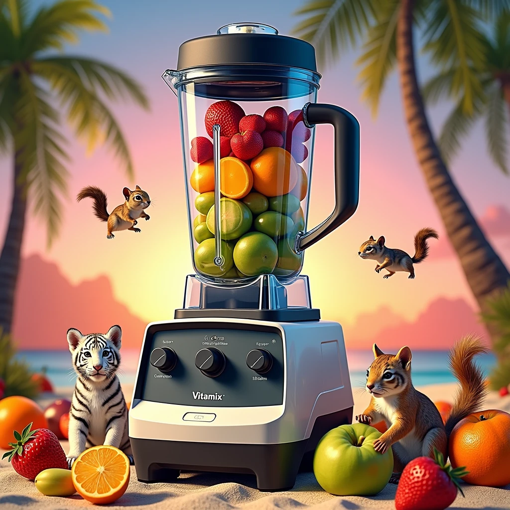 "Vibrant, Sunny beach scene、Featuring fashionable and trendy juicers, Blender, Slim, Vertical Vitamix Blender. Images are realistically rendered in 8K high resolution. The beach is littered with a variety of colorful fruits. Mini Characters, Including White Tiger Cub, kitten, And two baby squirrels, Playfully placed on the sand, Away from Vitamix. The overall atmosphere is vibrant.、It captures the essence of a bright summer day., The stylish Vitamix mixer stands out as a central element."