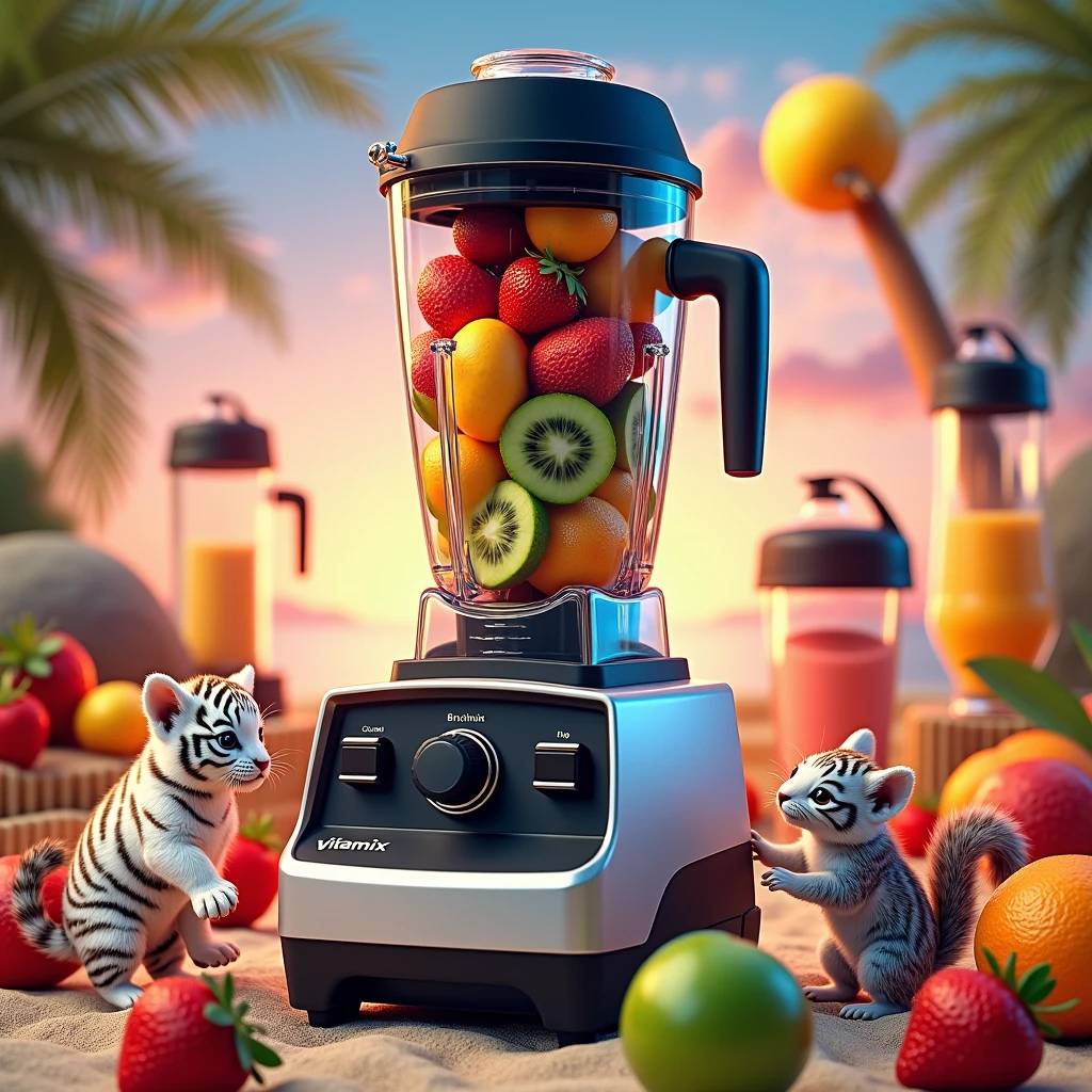 "Vibrant, Sunny beach scene、Featuring fashionable and trendy juicers, Blender, Slim, Vertical Vitamix Blender. Images are realistically rendered in 8K high resolution. The beach is littered with a variety of colorful fruits. Mini Characters, Including White Tiger Cub, kitten, And two baby squirrels, Playfully placed on the sand, Away from Vitamix. The overall atmosphere is vibrant.、It captures the essence of a bright summer day., The stylish Vitamix mixer stands out as a central element."
