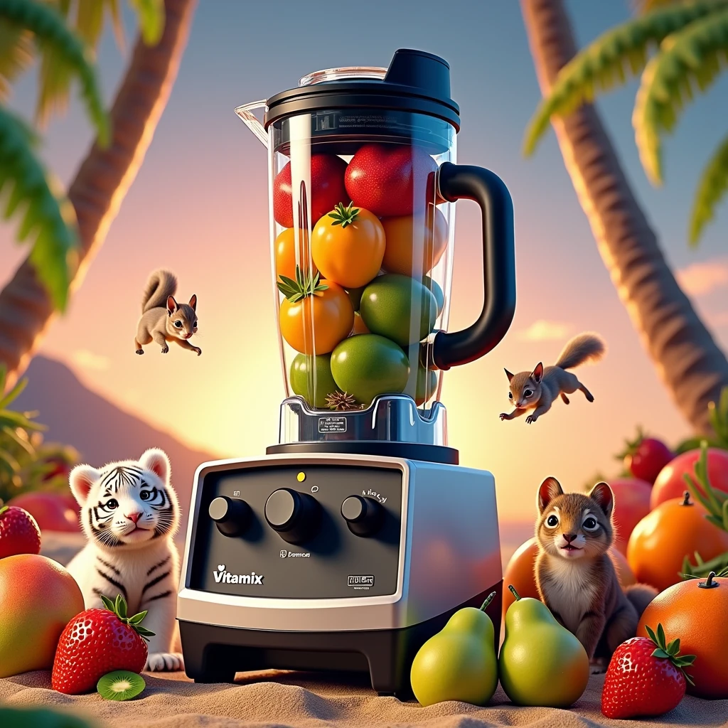 "Vibrant, Sunny beach scene、Featuring fashionable and trendy juicers, Blender, Slim, Vertical Vitamix Blender. Images are realistically rendered in 8K high resolution. The beach is littered with a variety of colorful fruits. Mini Characters, Including White Tiger Cub, kitten, And two baby squirrels, Playfully placed on the sand, Away from Vitamix. The overall atmosphere is vibrant.、It captures the essence of a bright summer day., The stylish Vitamix mixer stands out as a central element."