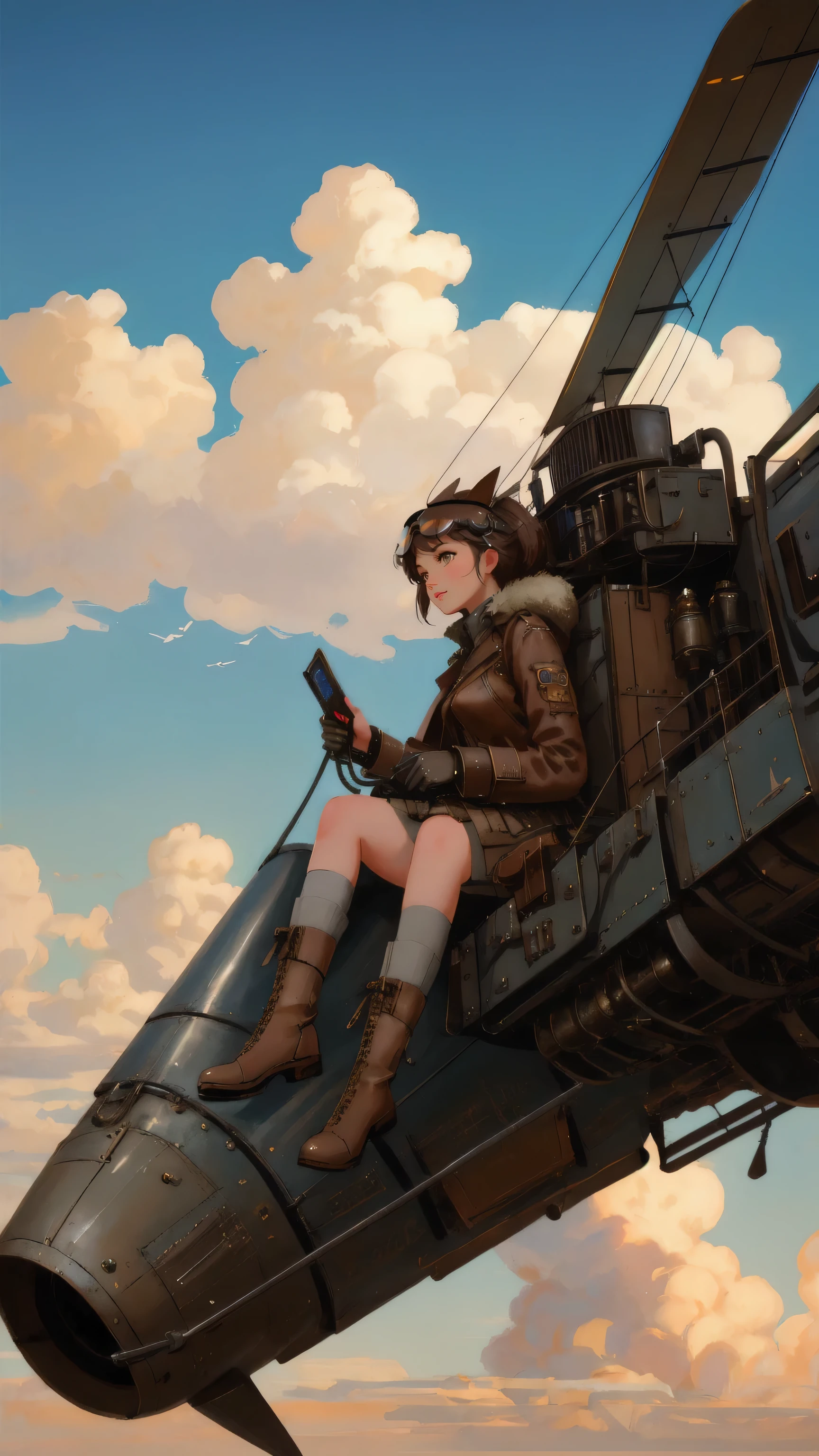 Illustrate a beautiful, cute girl in a vintage aviator outfit, piloting an old-fashioned aircraft. The aircraft is patched up with duct tape labeled 'Permanent Temporary Fix.' She should have a confident, adventurous expression as she flies through a sky filled with mechanical contraptions. The background must remain brown, reflecting the steampunk theme with industrial elements and clouds of steam.