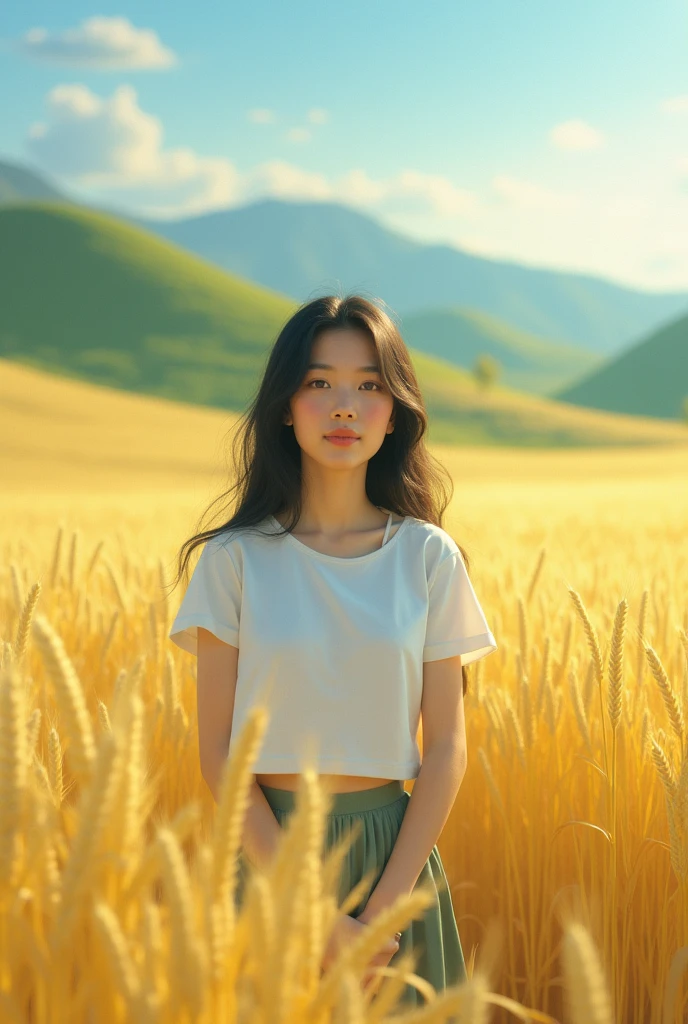 there is a woman standing in a field of tall grass, standing in tall grass, enviromental portrait, standing in grassy field, standing in grassy field, in a large grassy green field, with the mountains in the background, in a field, with the mountains in the background, standing in a field, in a open green field, in the middle of nature, japanesse farmer, beautiful fine sky