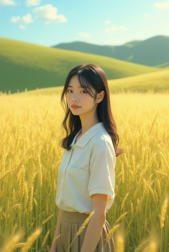 An Asian girl，Wearing a white school uniform top，Green wheat fields，Reality，Realistic Photography