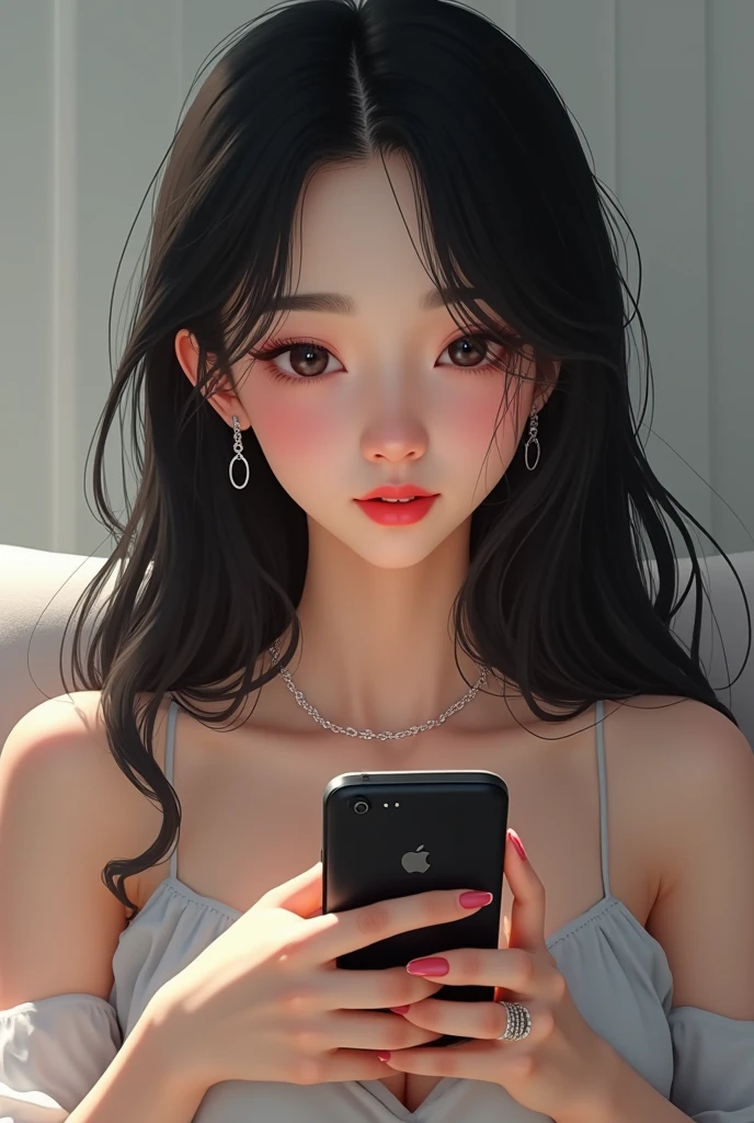 1girl, playing_game_phoneblack_hair, solo, long_hair, jewelry, lips