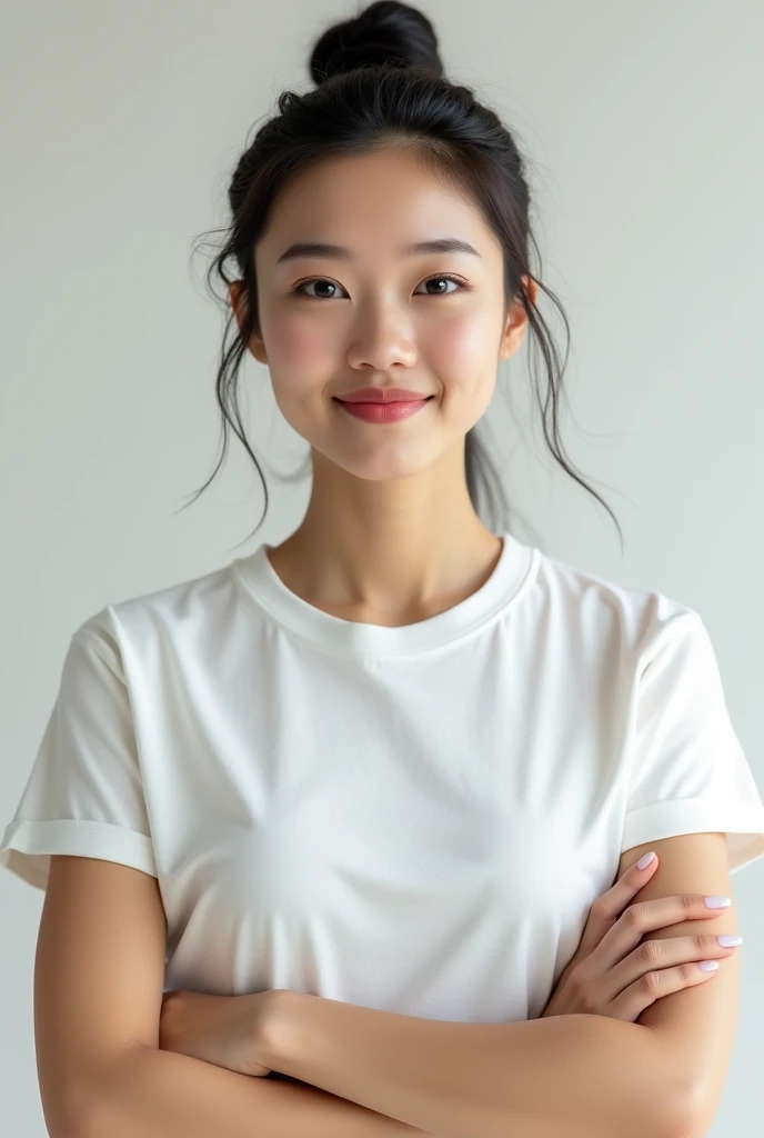 A Japanese woman wearing a white T-shirt with her arms on her hips、Chest tension、Smiling and looking proud。