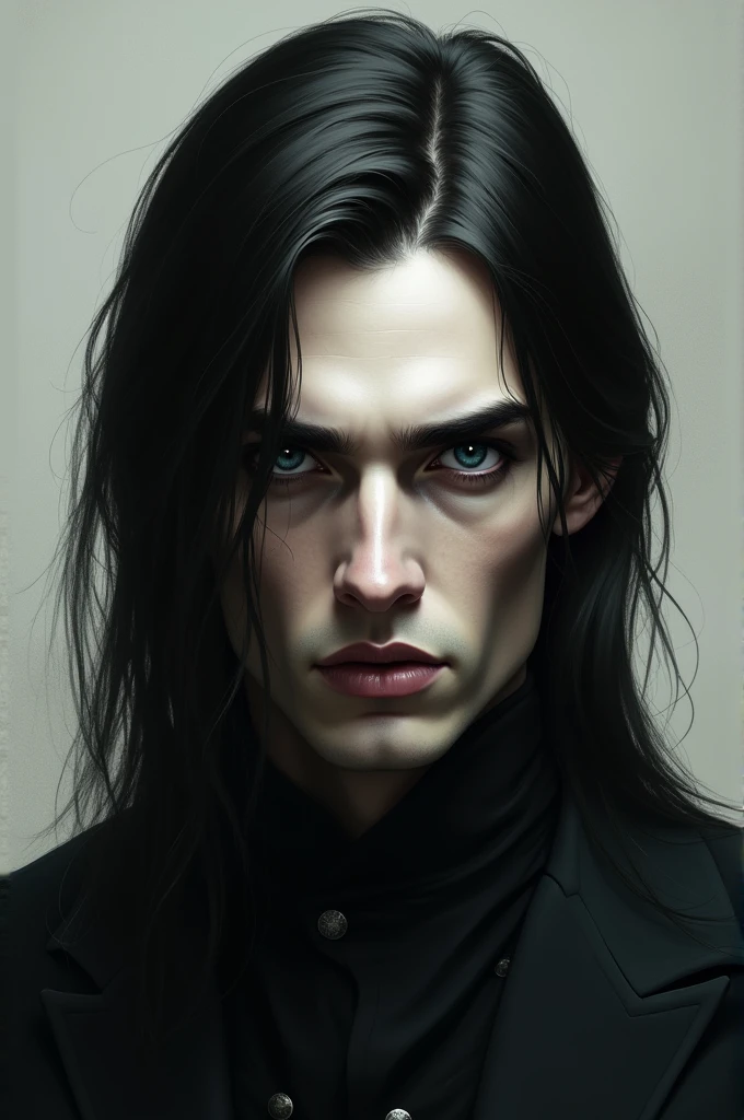 A beautiful man with long straight hair, dark blue eyes, a bony face, aquiline nose and raised black eyebrows