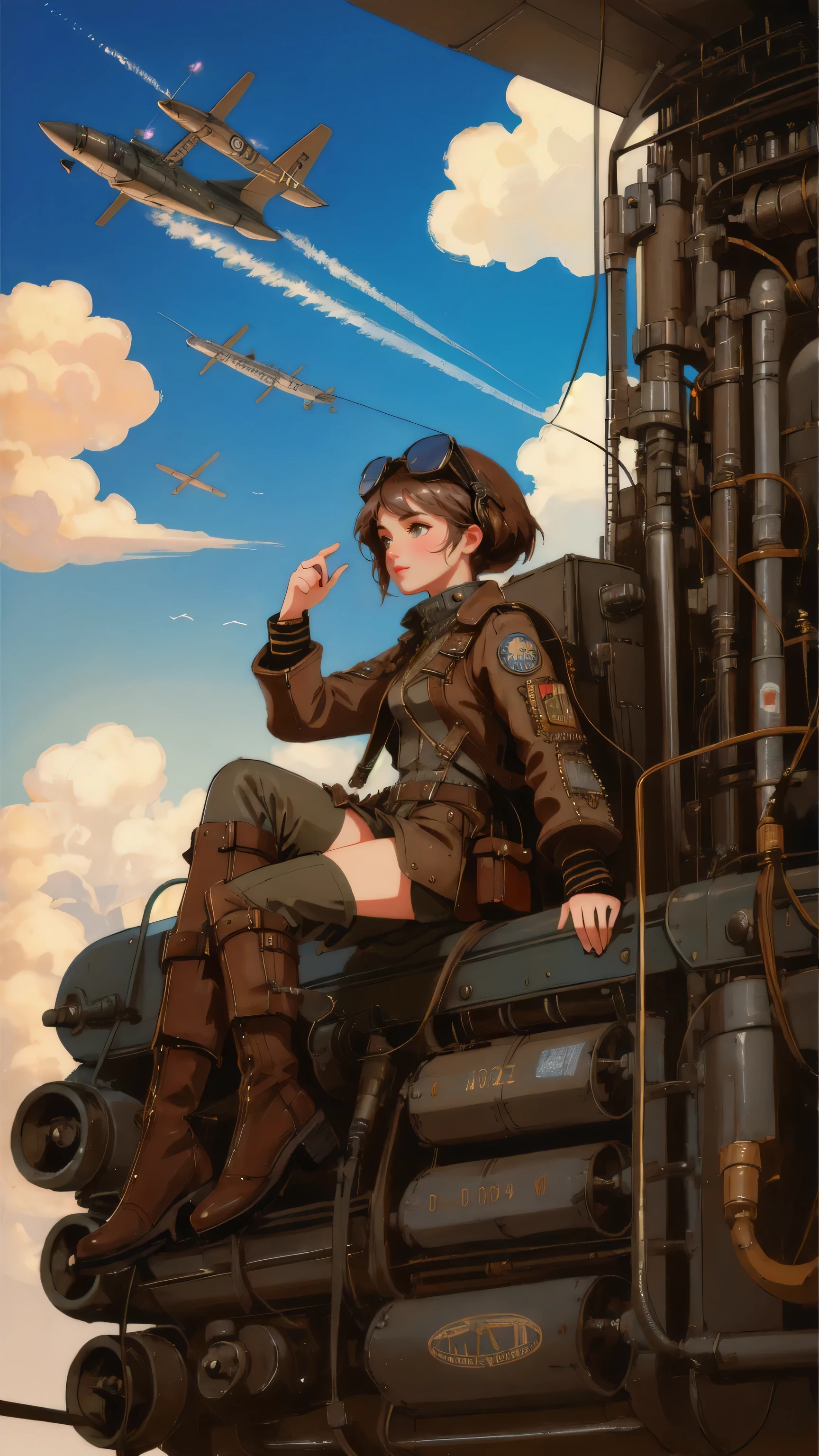 Illustrate a beautiful, cute girl in a vintage aviator outfit, piloting an old-fashioned aircraft. The aircraft is patched up with duct tape labeled 'Permanent Temporary Fix.' She should have a confident, adventurous expression as she flies through a sky filled with mechanical contraptions. The background must remain brown, reflecting the steampunk theme with industrial elements and clouds of steam.