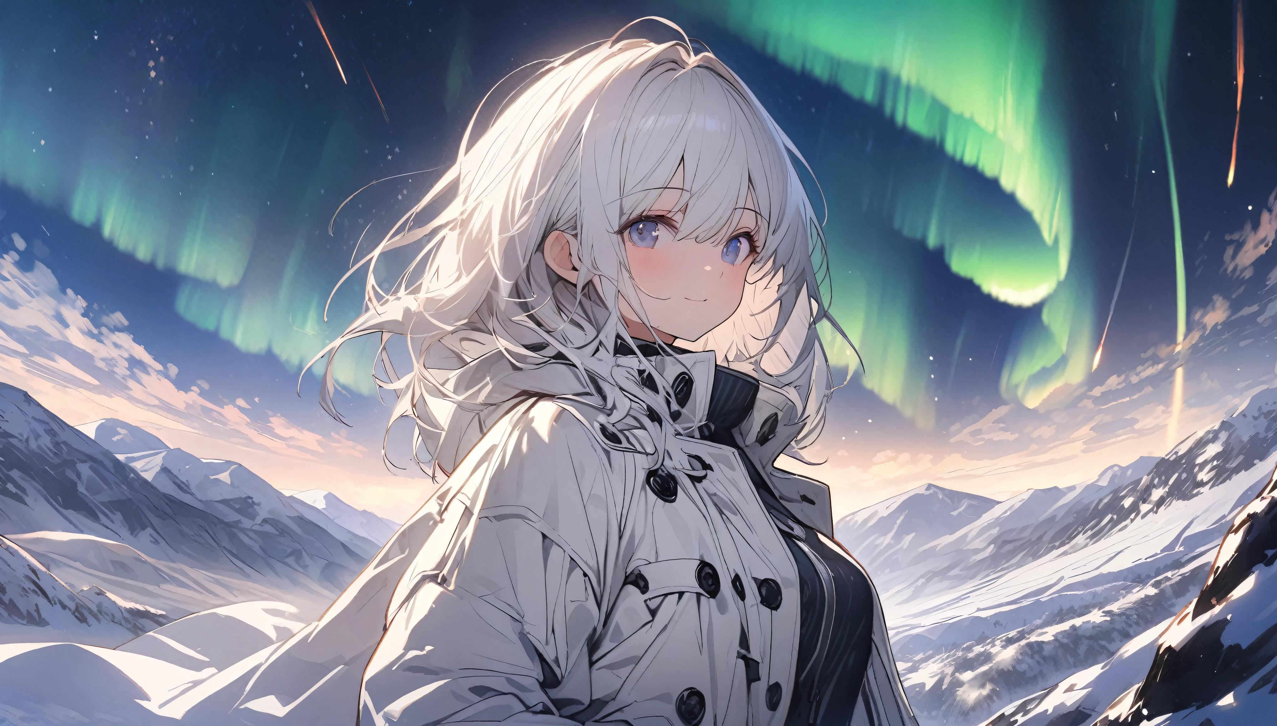 Beautiful girl with white hair，Open white long trench coat，Black lining，Snowy mountain tops，Starry Sky，Meteor，Put your hands in your pockets，Look up at the Starry Sky，panoramic，Character Close-up，midnight，Aurora