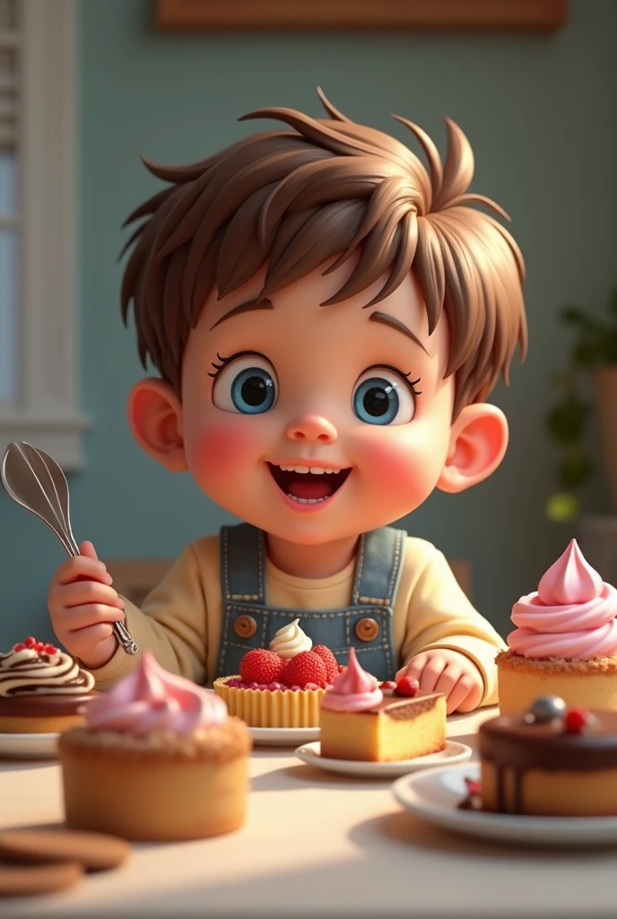 Creates a blue-eyed, brown-haired American male of approximately 3, enjoying lots of desserts