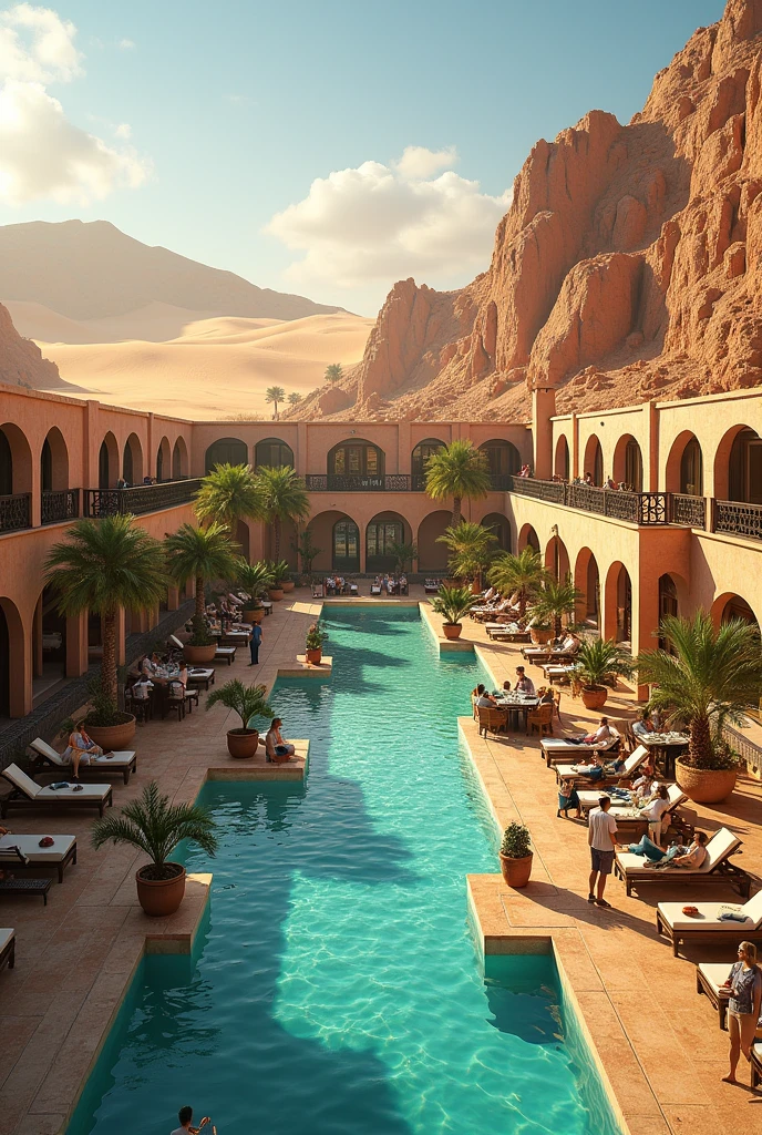 Create a realistic hotel in Tunisia deserts and many peoples are there and enjoying