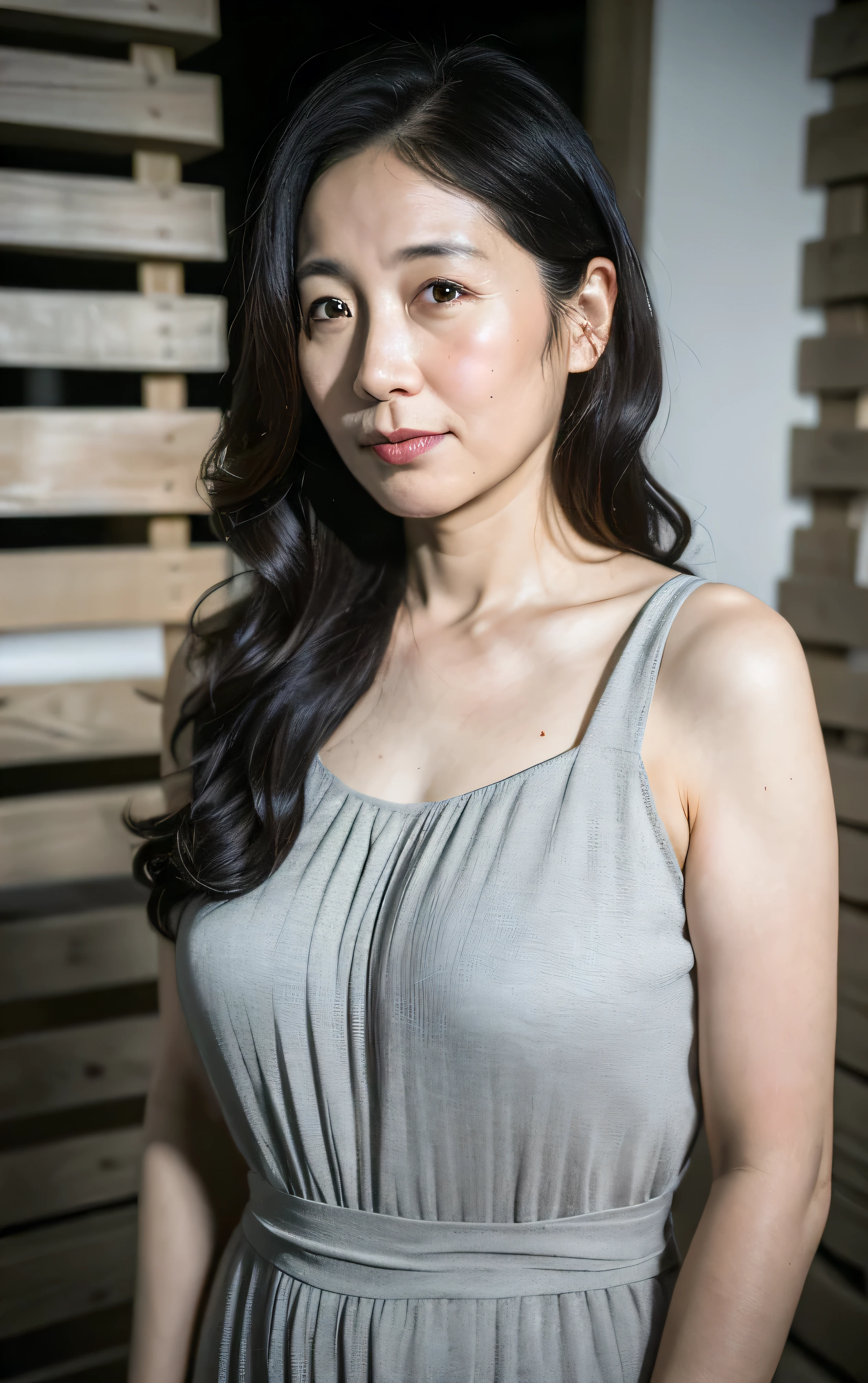 ((最high quality, 8k, masterpiece: 1.3)), Realistic, Sharp focus, high quality, High resolution, Portraiture, alone, Japan, Middle aged woman , beauty, 4, Plump, Wavy Hair, Wrinkles around the eyes:0.5, Small backyard, Lots of boxes, Lots of files, Dark Background