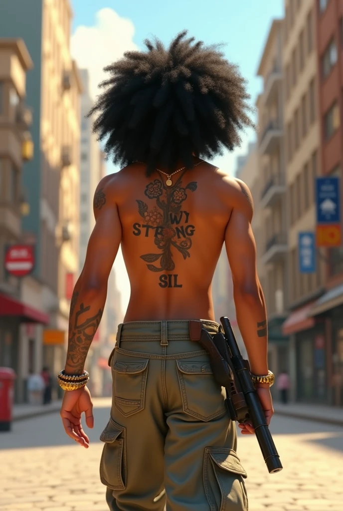 A film inspired by Disney Pixar (YOUNG WHITE MAN WITH LONG CURLY BLACK HAIR) He is walking through the city streets, with a gun on his waist, no shirt on the body, with a tattoo on his body with the name WY STRONG SIL, wide pants with lots of pockets, cloud sneakers, many gold threads around the neck, gold watch on wrist. pixar, Cool and stylish