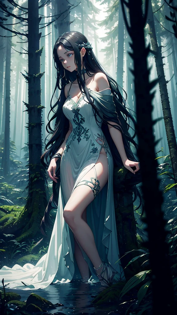 A young woman in a flowing, ethereal dress steps into a dense, ancient forest. The tall trees around her appear alive, their twisted branches leaning in as if whispering secrets. The atmosphere is mystical, with a faint, otherworldly glow.