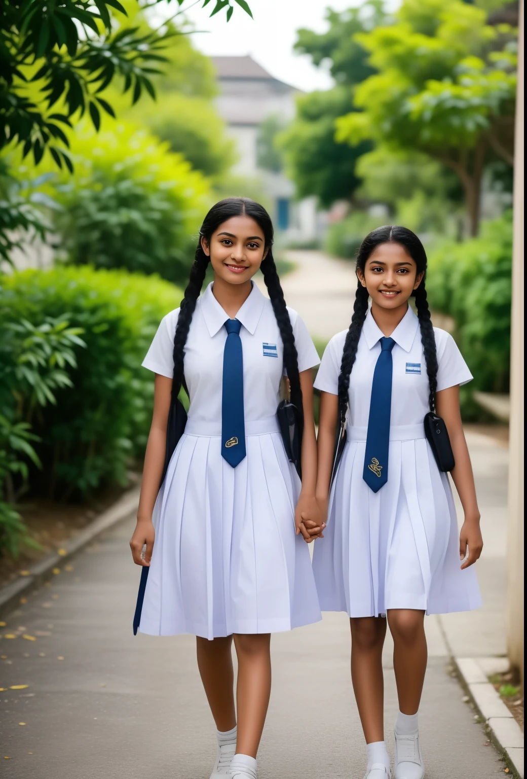 Raw photo, two beautiful Sri Lankan teen schoolgirls, with plaited hair, both coming towards the camera in a school walkway in a joyful happy mood, wearing white frocks and blue color ties, white shoes, with school backpacks, professional photographer, (hdr:1.4), masterpiece, ultra-realistic 8k, perfect artwork, intricate details, cute face, award winning photograph, (Best quality, 8k, 32k, Masterpiece, UHD:1.3)