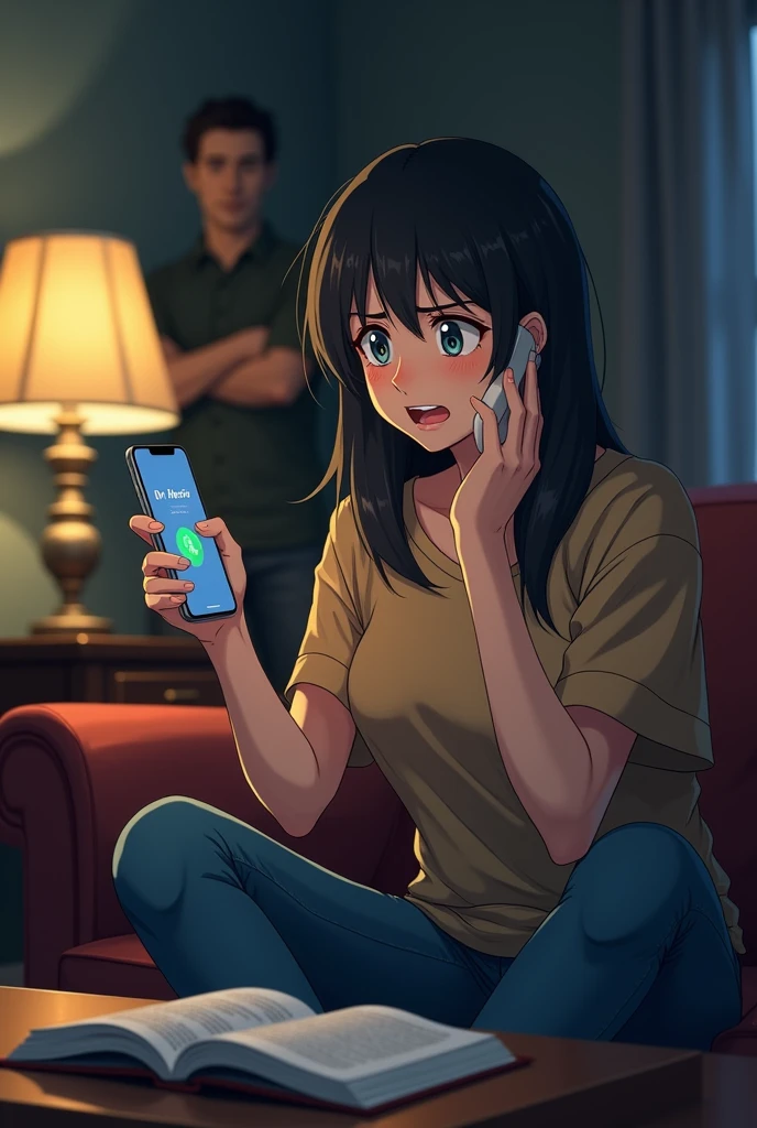 Scene 1: Phone Call
- **Setting:** A cozy, dimly lit living room in the evening. The room has warm-toned lighting, soft furniture, and a coffee table with an open book.
- **Focus:** Sophia, a young woman in red shirt jeans and a in her late 20s, sits on a couch, startled, holding a ringing smartphone in her hand. Her expression shows anxiety and fear.
- **Details:** The phone screen displays "Dr. Harris" as the caller. Sophia’s other hand is gripping the edge of the couch, her knuckles white. In the background, a man (Jake) in his early 30s, watches her with concern. Anime style