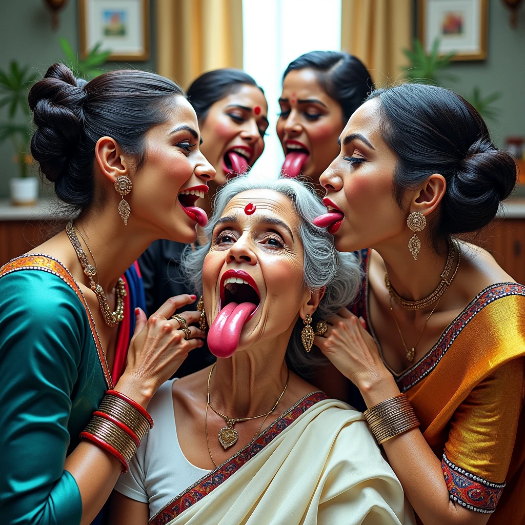 in luxerius office items sorrounded bright lighted modern indian office,A 60 years old eldery indian lady and three 40 years old mature indian ladies,total 4 ladies involving and licking their hairs of each others wildly,First 40 years old mature indian lady turned away 60 years old indian eldery lady on top of the table and grabbing and squeezing her butt tightly to rape her,second 40 years old mature indian lady nend over and licking 60 years old lady' hair bun with her tongue,Third 40 years old mature indian lady bend over and comes down for the purpose of lick head scalp with her tongue,these four ladies are with dress in as per image prompt,all four of them,with their hairs respectively colors for the marure ladies and eldery lady hairs in as per image prompt,their long,meticulaiursly bun hairs shining since wax pasted,red lipsstick,natural tongues pulled out,licking the eldery lady' hair by matures with bun like she is being raped excat in image,These all four ladies' faces are with showing full of sexual wildness showing out from their faces exact as in image prompt,Their eyes are fullfill with sexual wildness with raping hair bun as per the imahe prompt,(Show me their tongues,long tongues:1.0) styled with 100000 liters hair oil,hairs like viscus oiled pulp,slick combed hair lines highly visible,{{{{Ladies wears perfect dresses in perfectt busty}}}},{{{{{NSFW}}}}},{{{{{{Hairs highly soaked}}}}}},{{{Hairs Drenched in water}}}}},{{{slick combed hair lines}}}},{{{{Hairlines reflecting shinning like mirrors with water}},{{{{{Showcase full bodies perfect figures}}}}},{{{{{High resolution perfecr color grading}}}}}},{{{Perfect hair buns on all four ladies exactly in image prompt}}}}}}},((((((Generate ethnicity as indian sexy build ladies))))))),((((((Generate wildness poses where shows the wildness maturity of the sexually wildness and extremly extremly wildness in to hair licking by their tongues exatly as image prompt if someone sees this should get errected)))),
