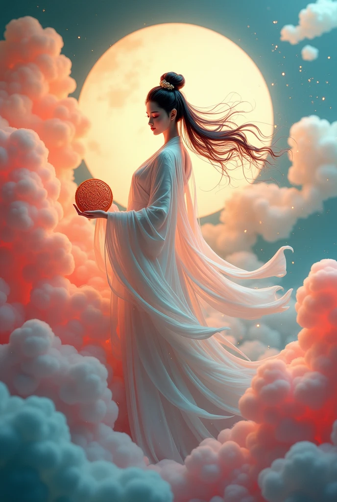 Chinese painting style，Chang'e fairy，Flying Moon，moon cake，Colorful clouds，3d
