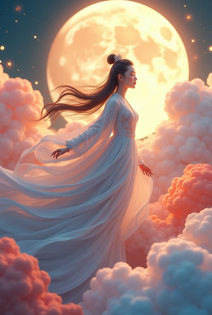 Chinese painting style，Chang'e fairy，Flying Moon，moon cake，Colorful clouds，3d