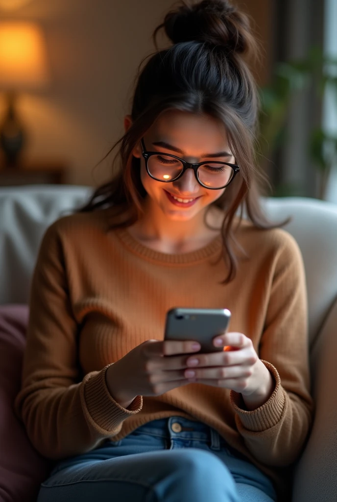 After seeing the gift, the girl picks up her phone and writes a thank you message to her boyfriend on Instagram. The girl was wearing a brown top, jeans and glasses and she looked very happy.