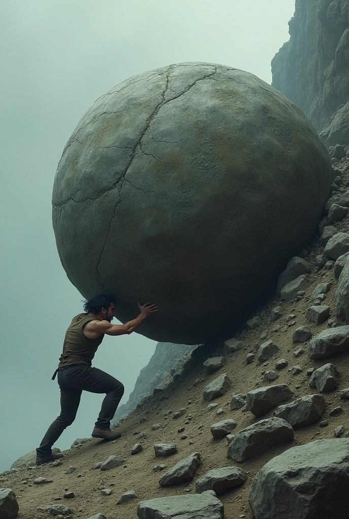 "A person trying to push a massive, immovable boulder up a steep hill, with the boulder clearly rooted to the ground, symbolizing the futility of changing the unchangeable."