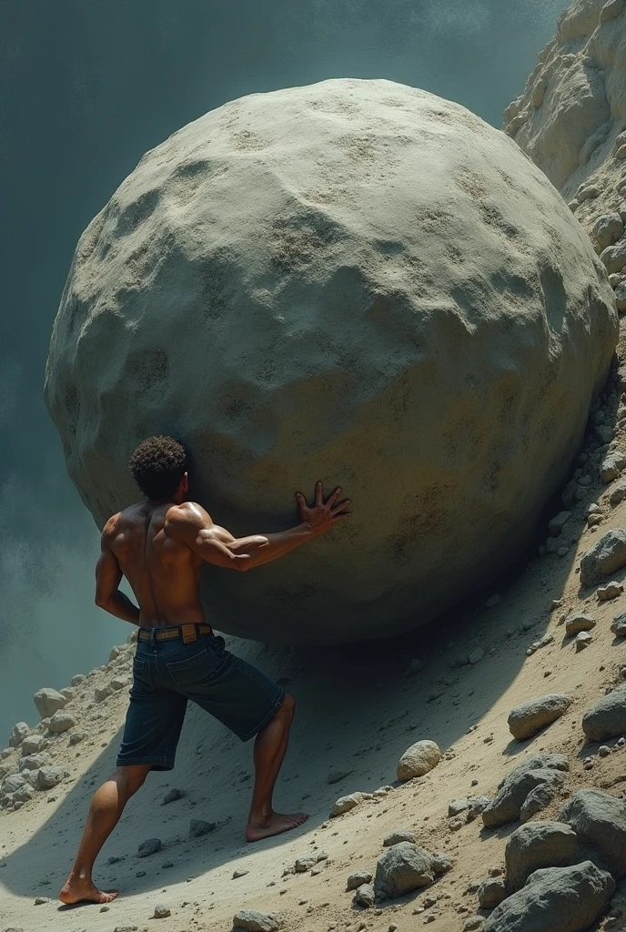 "A person trying to push a massive, immovable boulder up a steep hill, with the boulder clearly rooted to the ground, symbolizing the futility of changing the unchangeable."