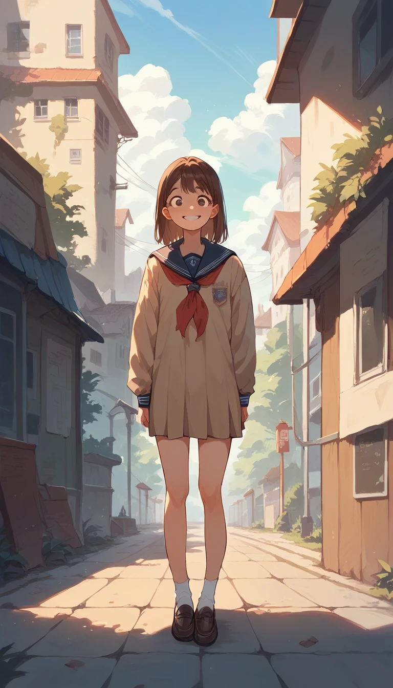 NSFW,High resolution, masterpiece, Anatomically correct, Shortcuts, Brown Hair, smile, View from the outside, One person,(naked　school uniform),Full Body
