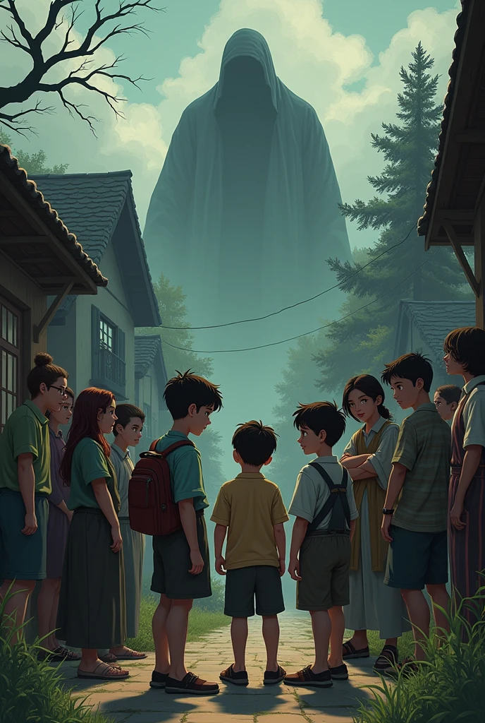 A small village in which all the people of the village are standing together and they are looking at 3 boys and are talking about something among themselves, behind them a horror lady is standing