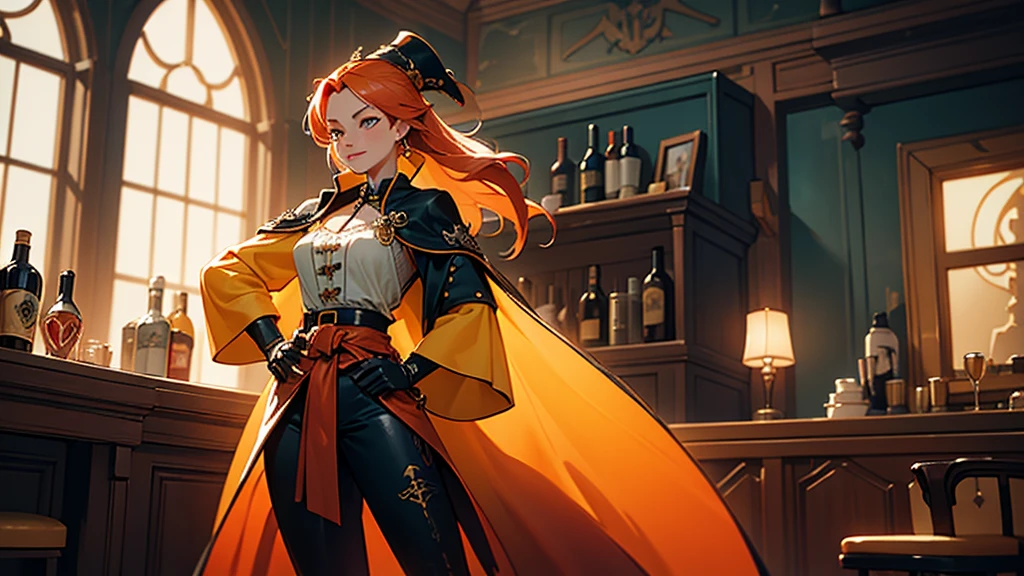 Beautiful woman with long orange hair, Exquisite facial features, Playful smile, confident eyes, Tall figures, Fantasy style pirate robe coat 2 piece, Yellow as the main color, Added red accents, Long wrist guard gloves, A short golden belt was worn around the waist., Leather pants, Knee-high boots, Standing with hands on hips in front of a bar in a medieval, fantasy-style port town, This character is、She embodies a fantasy-style female pirate, meticulously crafted in anime style.。, Exquisite and mature cartoon art style, High resolution, Highest quality, High resolution, Very detailed, Ultra-fine painting, Very delicate, Professional, Anatomically correct, Symmetrical face, Very detailed目と顔, High quality eyes, creativity, RAW Photos, 超High resolution, 8k, Natural light, Cinema Lighting, masterpiece-anatomy-perfect, masterpiece:1.5