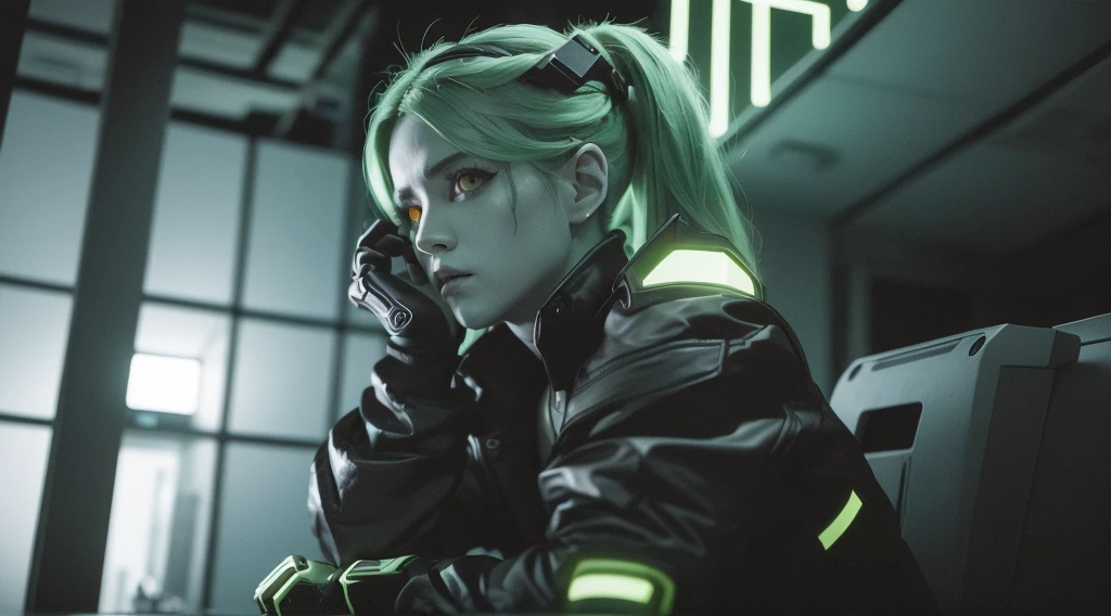 Rebecca from cyberpunk, yellow neon lights, green hair, The artwork is rendered in an edgy and realistic style, with high attention to detail and sharp focus. The colors are vivid and contrasted, with a slight desaturation to create a moody atmosphere. shadowy highlights enhancing the overall composition. The medium used is a digital illustration, with a touch of photo-realistic elements to add depth and texture to the image. The final result is a masterpiece in ultra-high resolution,