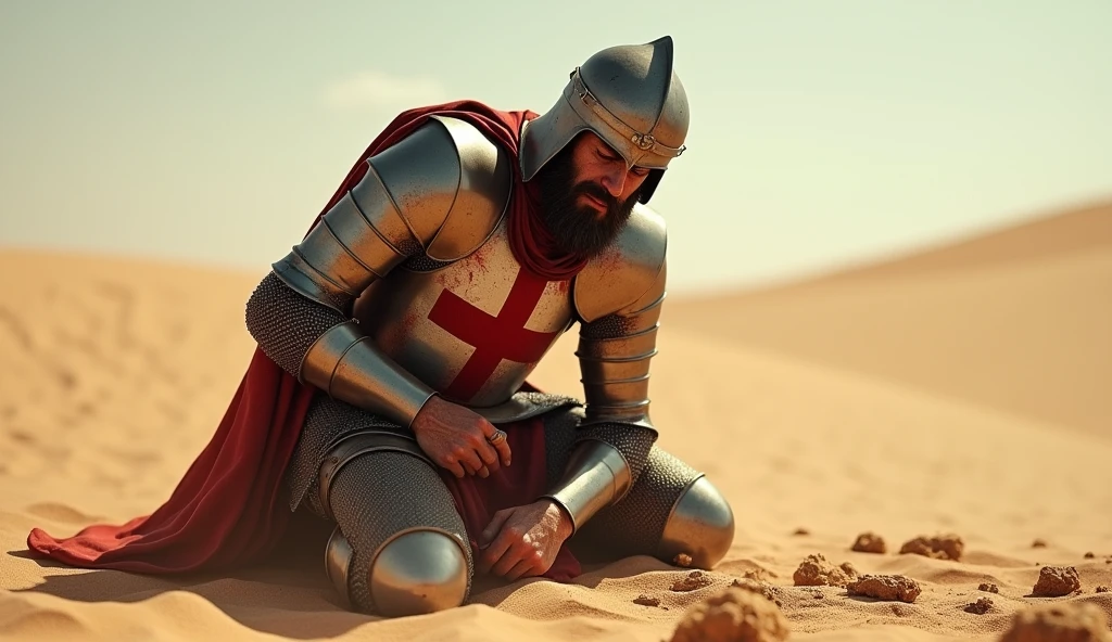 A highly realistic, high-contrast, 8K HD, detailed, hyper-detailed image of a Crusader knight, clad in steel armor with a red cross on his tunic, who has been defeated in battle. He is shown crouching down in the vast desert, clutching his stomach in pain as he struggles to stay upright. The knight's expression is one of intense suffering, with sweat and sand clinging to his face under the harsh desert sun. His once-proud armor is now dented and bloodstained, and the sand around him is scattered with traces of the brutal battle. The atmosphere is filled with a sense of despair and vulnerability, as the knight is overwhelmed by the pain and the unforgiving desert environment. The image is of the highest quality, with ultra-high resolution, RAW photo quality, and Unreal Engine rendering, capturing the raw emotion and harsh reality of this tragic moment in the desert.
