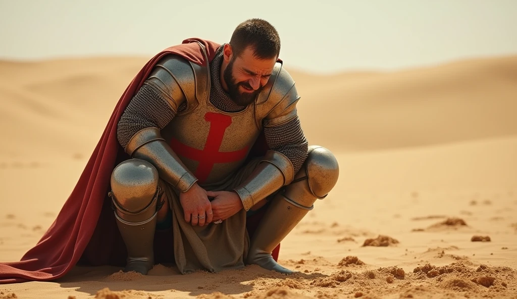 A highly realistic, high-contrast, 8K HD, detailed, hyper-detailed image of a Crusader knight, clad in steel armor with a red cross on his tunic, who has been defeated in battle. He is shown crouching down in the vast desert, clutching his stomach in pain as he struggles to stay upright. The knight's expression is one of intense suffering, with sweat and sand clinging to his face under the harsh desert sun. His once-proud armor is now dented and bloodstained, and the sand around him is scattered with traces of the brutal battle. The atmosphere is filled with a sense of despair and vulnerability, as the knight is overwhelmed by the pain and the unforgiving desert environment. The image is of the highest quality, with ultra-high resolution, RAW photo quality, and Unreal Engine rendering, capturing the raw emotion and harsh reality of this tragic moment in the desert.
