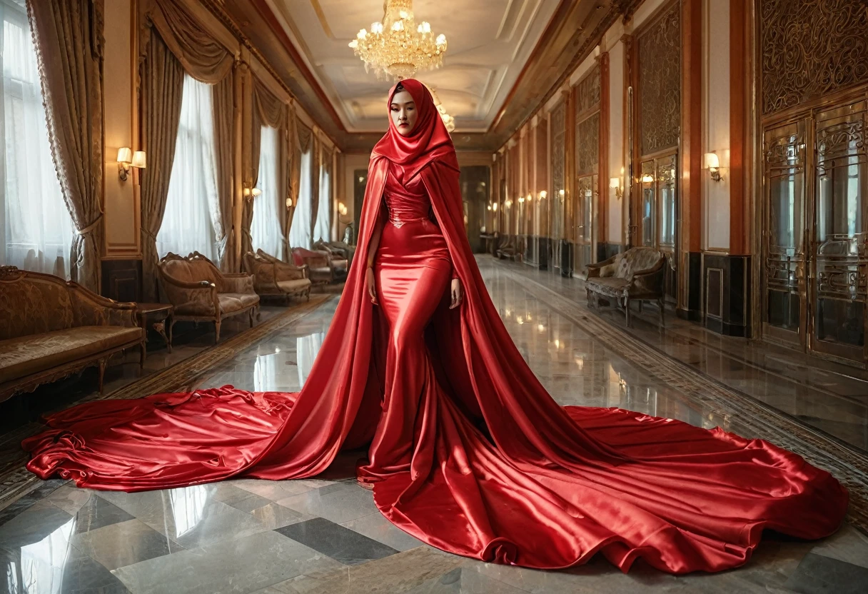 A woman shrouded in a 8-meter-long, plush red satin cloth, tightly bound and grandly draping along the form of her body, flowing off into a pooled floor-length train, styled in a mermaid-inspired outfit with very long train outfit, her head modestly veiled in a satin hijab, tall woman, wet, wear black corset, walk, a full-body pose conveying a sense of mysterious elegance, captured in a 4k resolution, ultra-realistic