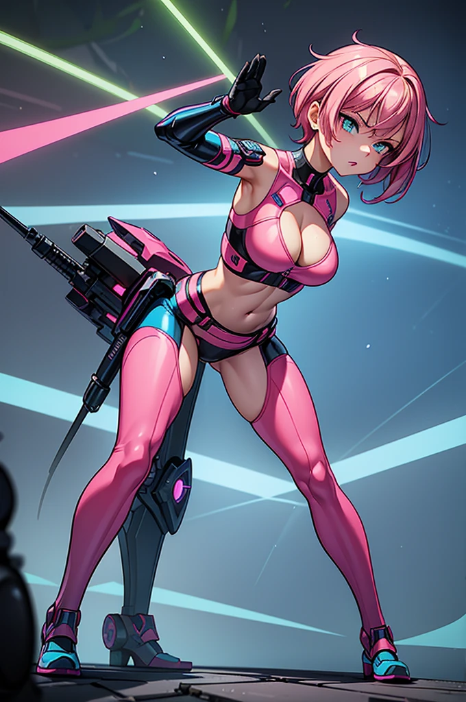 1 female, front view, pink hair, full body, feisty look realistic lips, neon blue techno spandex, small waist, wide hips, , exposed cleavage, fighting pose, pink tactical belt, standing in front of a round mecha bot, hourglass figure, annoyed, in a jungle, short hair, best quality
