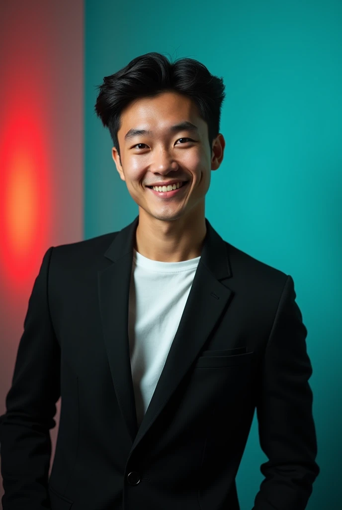 A young man with dark hair and a confident smile. He is dressed in a black blazer over a white shirt. The man is positioned against aqua colour backdrop with a subtle red lighting on the left side. an