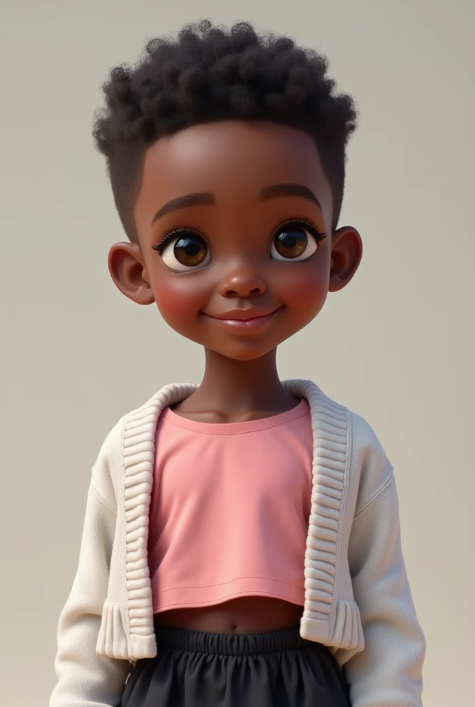8 year old black boy
Boy from Africa
Realistic boy Slightly short hair with a bit of curls Eyes of different colors brown and blue Realistic
Wearing a pink cropped shirt, with a white open sweater, black skirt