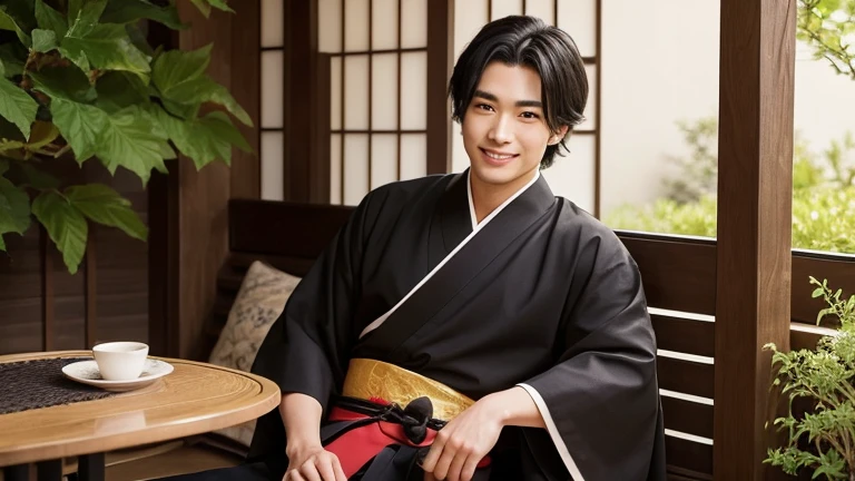 detailed and stylish illustration of a young, handsome samurai in traditional Japanese clothing. He has a modern, cool appearance with slightly messy black hair and a confident smile. The samurai is seated casually, holding a katana in one hand while resting his chin on the other. His outfit is a mix of traditional and modern elements, featuring a black kimono with gold accents and a deep red inner layer. The background is a serene outdoor setting, with soft sunlight filtering through green foliage, creating a peaceful and harmonious atmosphere. The overall vibe is a blend of traditional samurai aesthetics with a contemporary, charming twist."