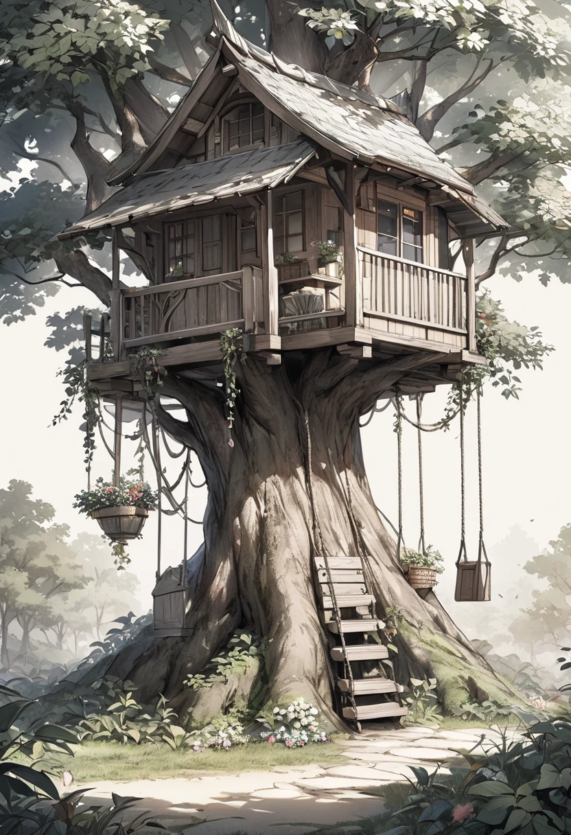 Black and white illustration of a treehouse nestled within a large, leafy tree. The treehouse features a wooden structure with a small door and window, and a rope ladder hanging from the platform. The tree's branches are full and detailed, with leaves extending outward, creating a canopy over the treehouse. A swing made from a simple rope and wooden seat hangs from one of the branches. The base of the tree is sturdy with visible roots spreading out into the ground. The overall style is whimsical and detailed, capturing a sense of adventure and childhood nostalgia.