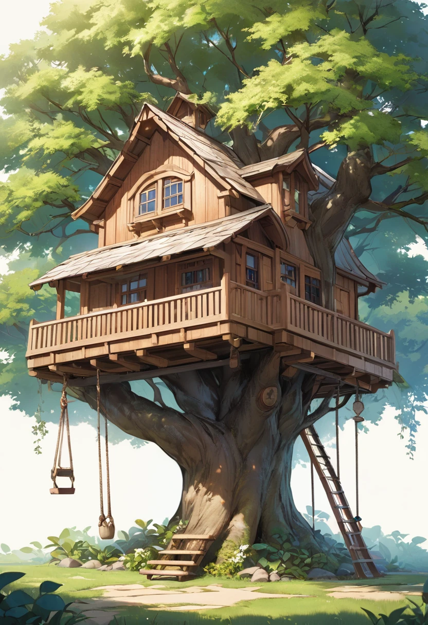 Black and white illustration of a treehouse nestled within a large, leafy tree. The treehouse features a wooden structure with a small door and window, and a rope ladder hanging from the platform. The tree's branches are full and detailed, with leaves extending outward, creating a canopy over the treehouse. A swing made from a simple rope and wooden seat hangs from one of the branches. The base of the tree is sturdy with visible roots spreading out into the ground. The overall style is whimsical and detailed, capturing a sense of adventure and childhood nostalgia.