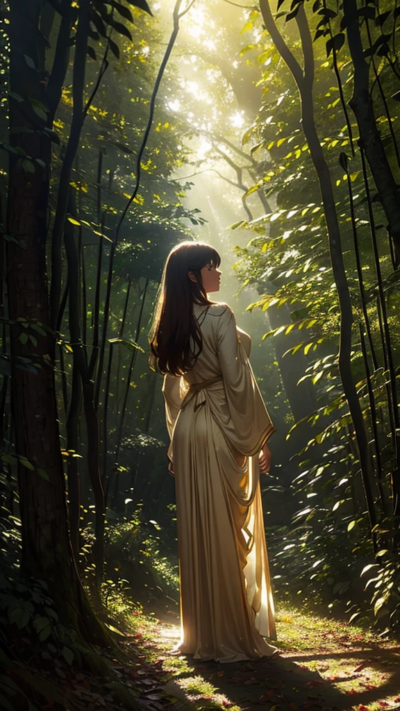 Soft, golden sunlight filters through the dense canopy of leaves, creating intricate patterns of light and shadow on the forest floor. The scene feels peaceful yet mysterious, with the woman bathed in the dappled light, as if the forest is welcoming her.