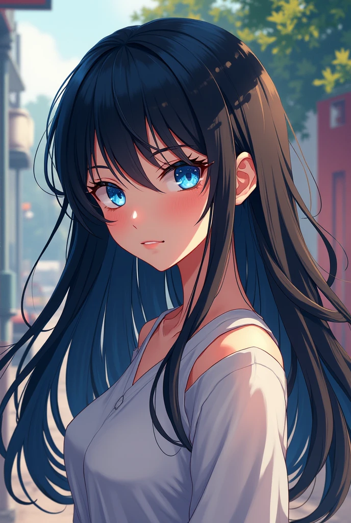 a beauty girl,Dark hair,Hair below shoulder length,Smooth straight hair,Determined eyes,Beautiful blue eyes,Childlike height,Manga style,fulcolor,hi-school girl,Juvenile atmosphere