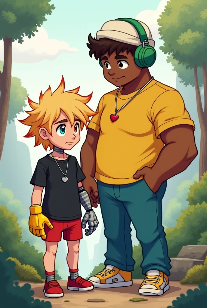 Ok look please draw this Cejo next to michu Cejo is a boy who is 1.65, light brown skin , one blue eye and one orange eye, somewhat long blonde hair with red tips, a black shirt and red mini shorts as well as yellow gloves, a robotic hand, a heart necklace, someone somewhat thin but with wide hips and brown boots Michu a man who is 1.82 somewhat brown skin, brown eyes curly hair somewhat big, with a winter hat and green headphones, blue pants and yellow shirt, someone somewhat strong and somewhat muscular