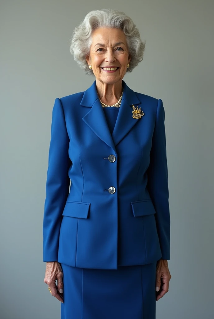 A Portrait of a 70 Year Old Queen in modern blue formal attire and without no crown and without showing the sensitive parts