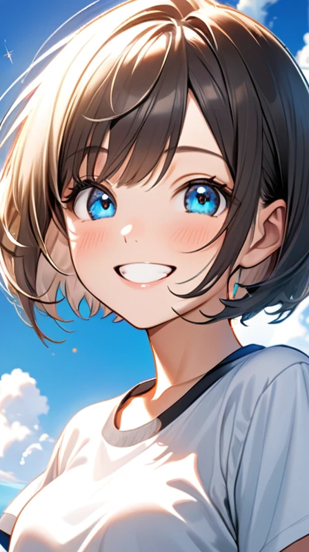 Ultra-realism"Cheerful young woman with short bob haircut, fair skin, and bright smile under a clear blue sky. She's wearing boyish clothes like a loose-fitting t-shirt or button-up shirt. Her expression is lively and cute, with sparkling eyes and a genuine grin. The background shows a sunny day with a few fluffy white clouds, creating a warm and positive atmosphere."