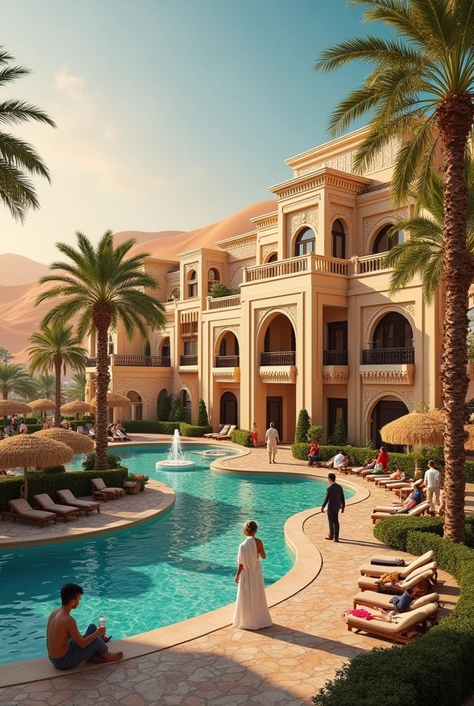 Create a luxury realistic hotel in Tunisia deserts and many peoples are there and enjoying 