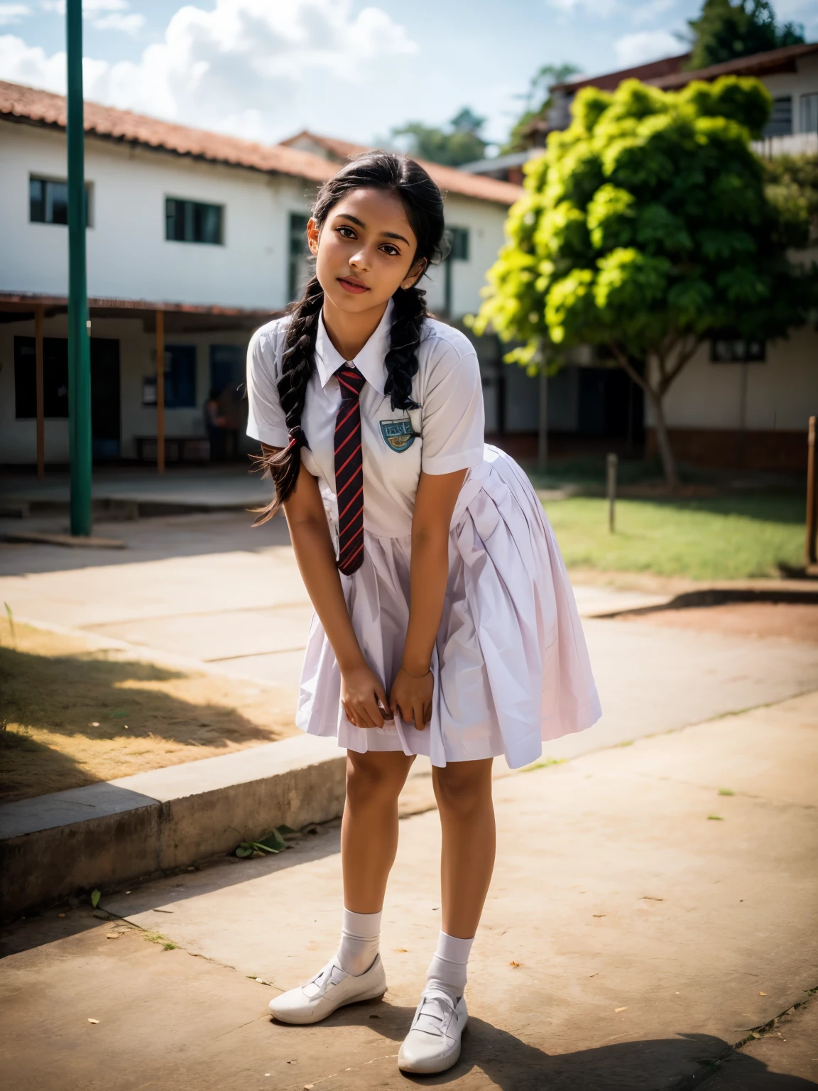 a beautiful cute  girl in srilanka, detailed white frock, full body ,white shoes and socks, braided hair with plait, playing in the playground  cinematic lighting, hyperrealistic, photorealistic, 8k, masterpiece, warm colors, natural lighting, detailed school uniform, detailed facial features, beautiful eyes, cute expression, high quality, intricate details