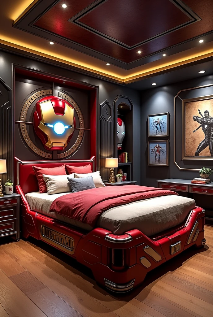 A high-tech, themed bedroom featuring a custom bed designed to look like a famous superhero, specifically Iron Man. The bed is primarily red and gold, reflecting Iron Man's iconic armor colors, with metallic accents. The headboard and mattress feature a large, detailed representation of Iron Man's helmet, with glowing blue eyes and sleek, futuristic lines. The room is decorated with related memorabilia, including Iron Man action figures, framed posters, and artwork from the Marvel universe. The furniture is modern and sleek, with metallic finishes and a color scheme that complements the Iron Man theme. The floor is wooden, and the room has a sophisticated, yet powerful atmosphere perfect for an Iron Man fan.